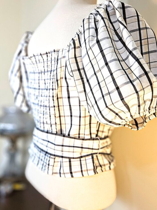 Levi's Vera Puff Sleeve Top Vera Blouse Sally Plaid Cloud Dancer Pattern Medium - Picture 11 of 11